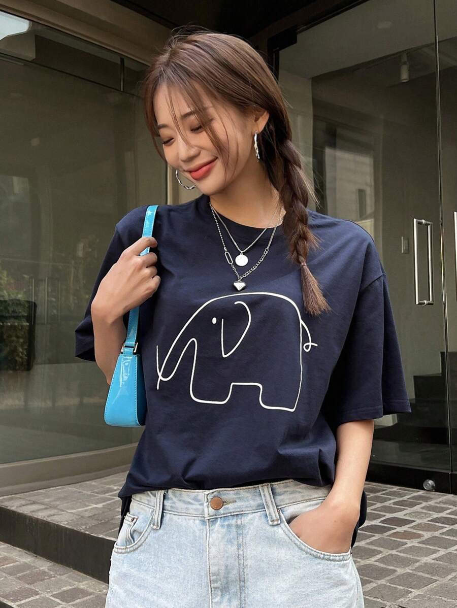 DAZY Cartoon Graphic Drop Shoulder Tee - Navy Blue - View 1