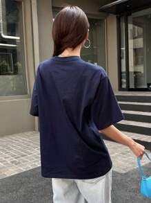 DAZY Cartoon Graphic Drop Shoulder Tee - Navy Blue - View 2