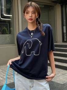 DAZY Cartoon Graphic Drop Shoulder Tee - Navy Blue - View 3