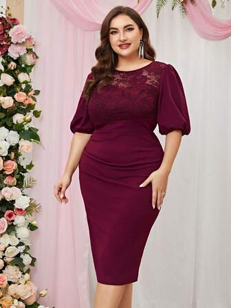 CurvySweet 大碼蕾絲拼接泡泡袖後背開衩緊身連衣裙