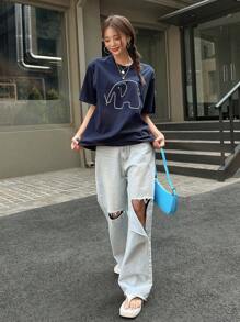 DAZY Cartoon Graphic Drop Shoulder Tee - Navy Blue - View 5