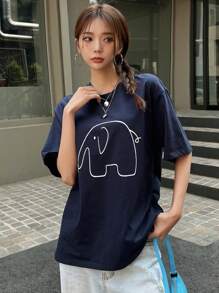 DAZY Cartoon Graphic Drop Shoulder Tee - Navy Blue - View 6