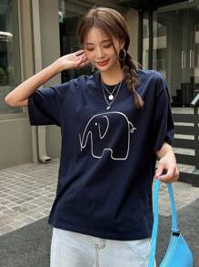 DAZY Cartoon Graphic Drop Shoulder Tee - Navy Blue - View 7