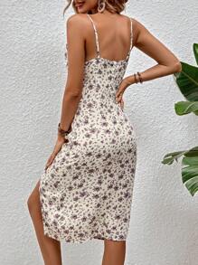 SHEIN Holidaya 碎花高衩吊帶洋裝 - 杏色 - 查看 2