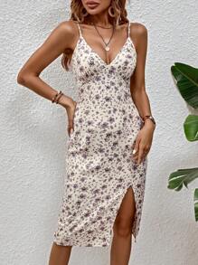 SHEIN Holidaya 碎花高衩吊帶洋裝 - 杏色 - 查看 6