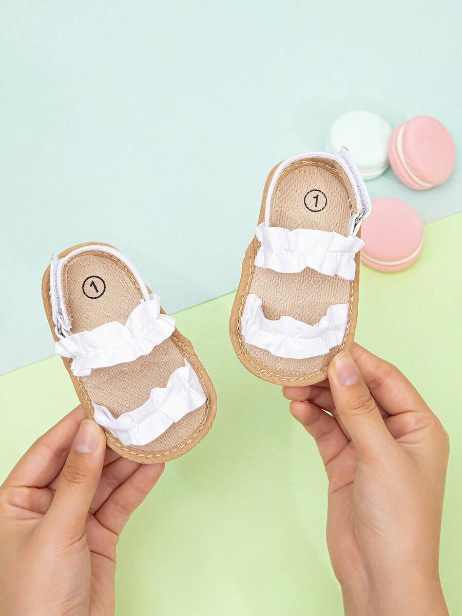 Dép quai hậu móc và dây buộc viền bèo nhún cho trẻ sơ sinh, dép quai hậu màu trắng thời trang cho mùa hè - trắng - Xem 1