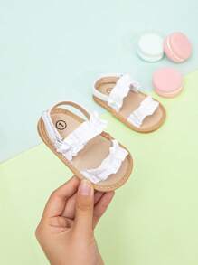 Dép quai hậu móc và dây buộc viền bèo nhún cho trẻ sơ sinh, dép quai hậu màu trắng thời trang cho mùa hè - trắng - Xem 5