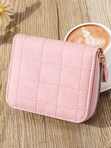 Billetera pequeña con detalles de puntadas, bolsillo para monedas con cierre, billetera plegable pequeña, billetera femenina mini delgada y liviana, de varios compartimentos, portátil, para tarjeta de identificación, dinero, tarjetas de crédito, de estilo minimalista, moderno y de negocios, para regalo de aniversario, San Valentín, cumpleaños, pareja, dama, niña, mujer - Rosa - Ver 1