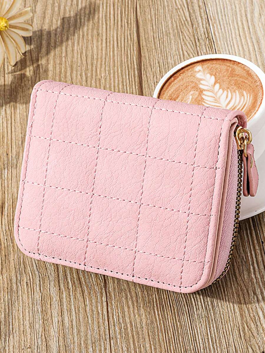 Billetera pequeña con detalles de puntadas, bolsillo para monedas con cierre, billetera plegable pequeña, billetera femenina mini delgada y liviana, de varios compartimentos, portátil, para tarjeta de identificación, dinero, tarjetas de crédito, de estilo minimalista, moderno y de negocios, para regalo de aniversario, San Valentín, cumpleaños, pareja, dama, niña, mujer - Rosa - Ver 1