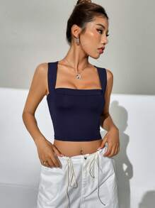 SHEIN EZwear 素色短款背心 - 藏蓝色 - 查看 5