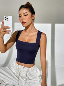 SHEIN EZwear 素色短款背心 - 藏蓝色 - 查看 7