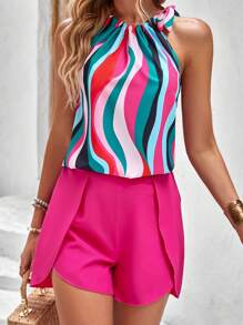 SHEIN VCAY Ropa Dos piezas para Mujer Nudo todo estampado Casual - Rosa Fucsia - Ver 3