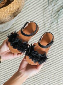 女孩花朵裝飾踝帶婚禮黑色平底涼鞋