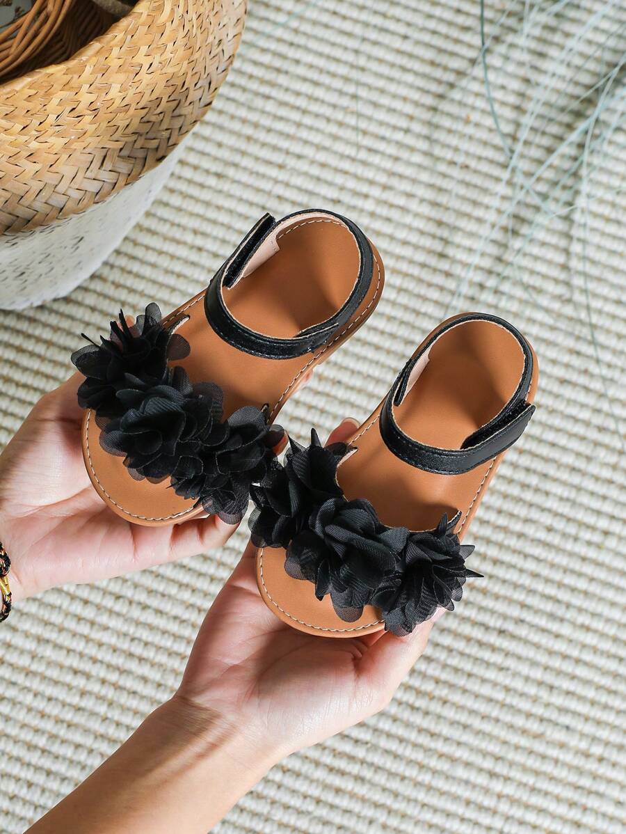 女孩花朵裝飾踝帶婚禮黑色平底涼鞋