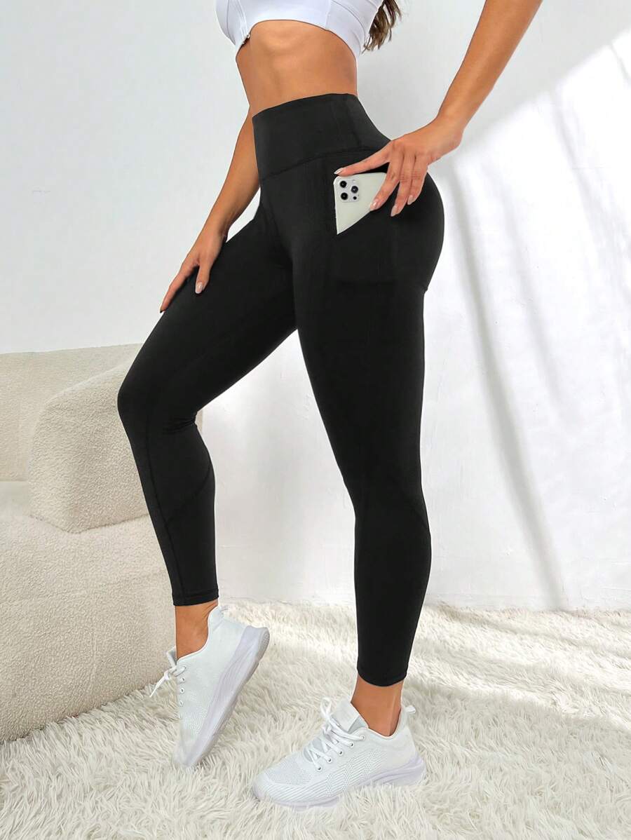 Easithlete Quần Leggings Thể thao Nữ Túi màu trơn - màu đen - Xem 1