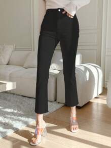 DAZY 高腰喇叭九分牛仔褲 - 黑色 - 查看 3