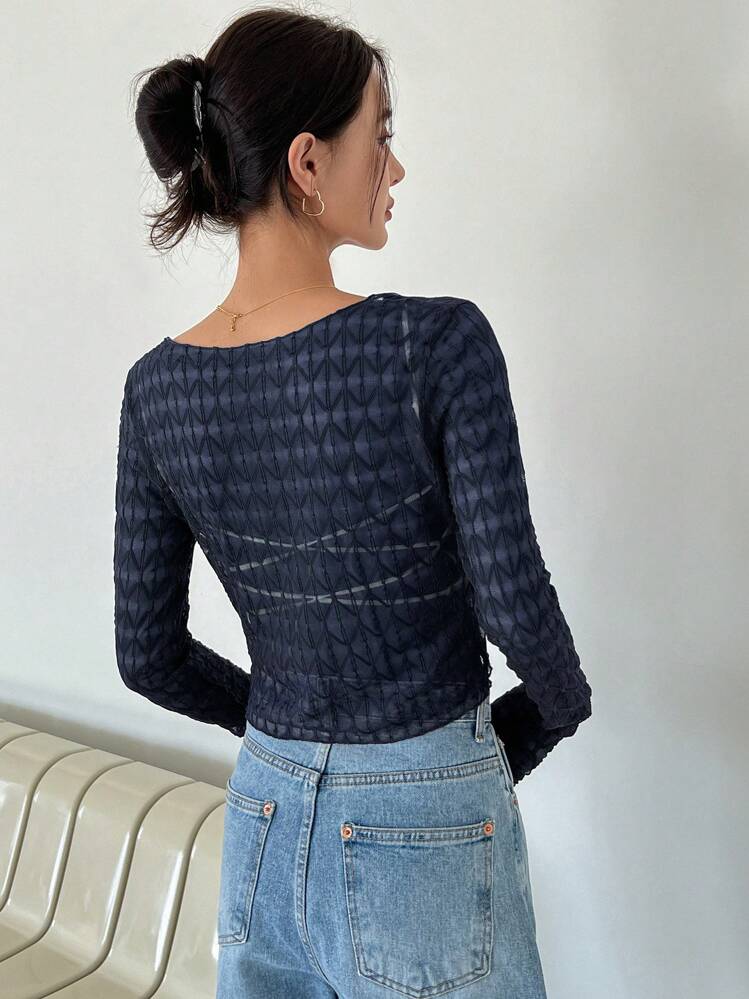 Áo crop top cài nút phía trước không có áo hai dây, áo dài tay mỏng nhẹ dành cho nữ - Màu xanh hải quân - Xem 2