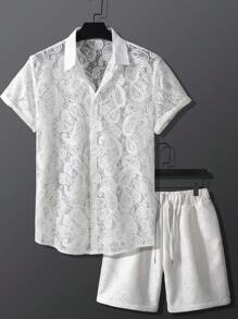 Manfinity RSRT Men Paisley Pattern Lace Shirt & Drawstring Waist Shorts - White - View 1