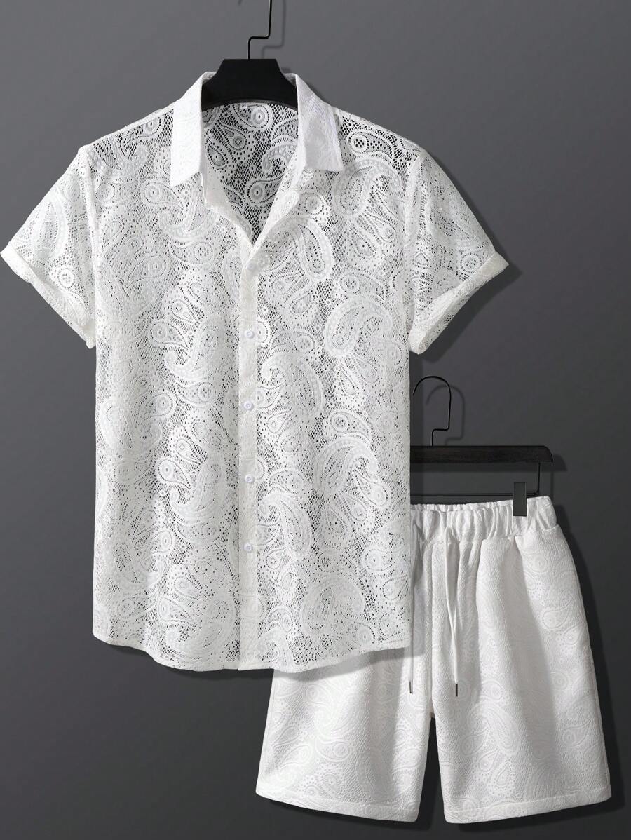 Manfinity RSRT Men Paisley Pattern Lace Shirt & Drawstring Waist Shorts - White - View 1