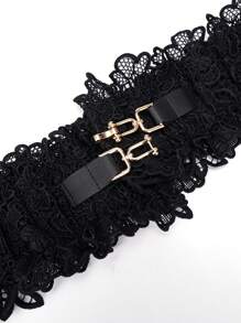 1pc Women Lace Trim Symmetrical Buckle Fashionable Elastic Belt For Dress Decoration - Black - View 5