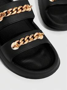 Cuccoo Woman Shoes Chain Decor Slides Comfortable Fashion Black Flat Summer EVA Slides For Summer Vacation Shoes Summer Back To School Shoes College Student Shoes Spring Shoes Spring Break Easter For Casual Beach Style - Black - View 3