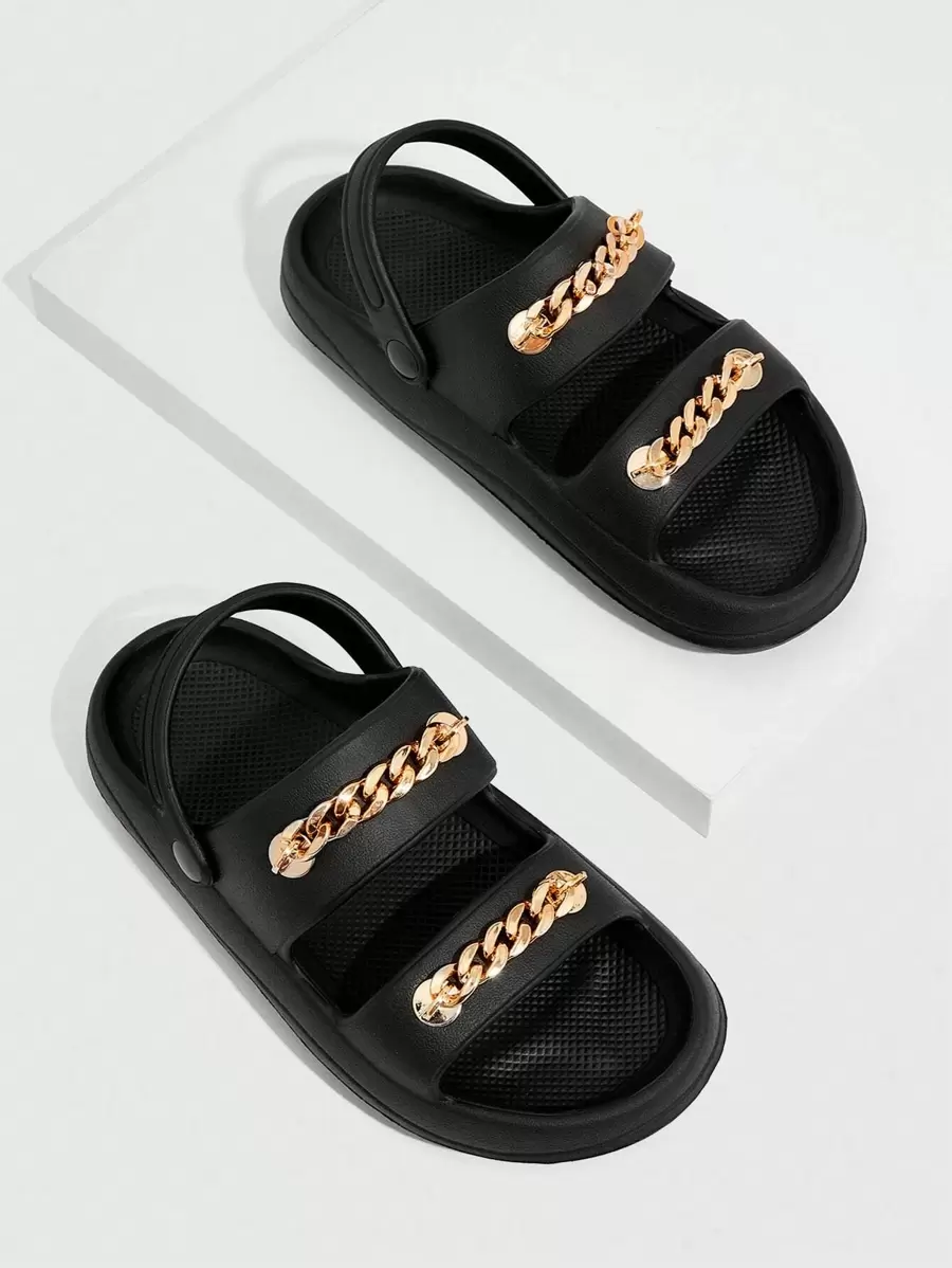 Cuccoo Woman Shoes Chain Decor Slides Comfortable Fashion Black Flat Summer EVA Slides For Summer Vacation Shoes Summer Back To School Shoes College Student Shoes Spring Shoes Spring Break Easter For Casual Beach Style - Black - View 1