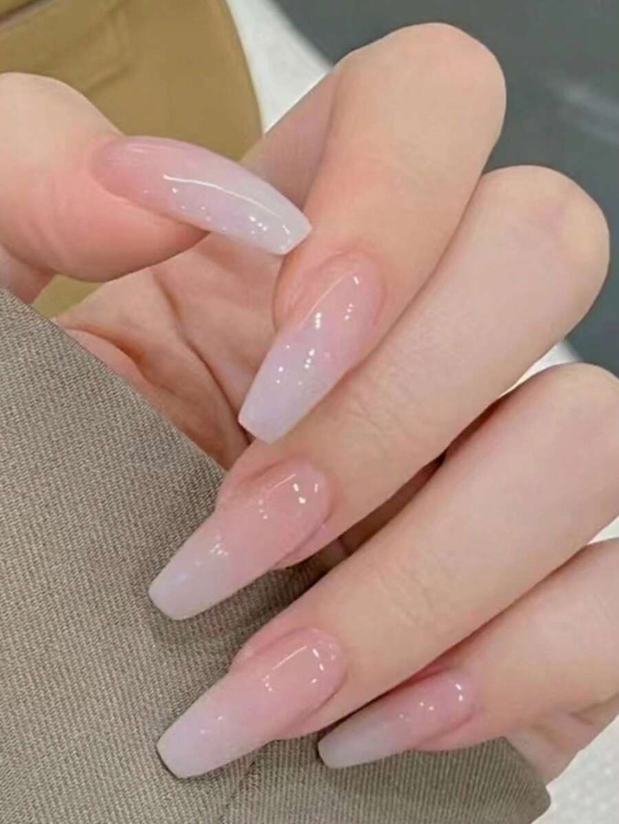 Upgrade Your Look with 24pcs Long Coffin Pink Gradient Fake Nail & 1pc Nail File & 1sheet Nail Tape - Multicolor - View 1