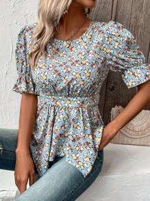 SHEIN LUNE Áo sơ mi nữ Bất đối xứng Xù Viên lá sen Hoa Tất cả trên in Boho - Màu xanh lam - Xem 1