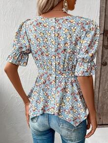 SHEIN LUNE Áo sơ mi nữ Bất đối xứng Xù Viên lá sen Hoa Tất cả trên in Boho - Màu xanh lam - Xem 2