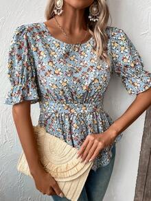 SHEIN LUNE Áo sơ mi nữ Bất đối xứng Xù Viên lá sen Hoa Tất cả trên in Boho - Màu xanh lam - Xem 3