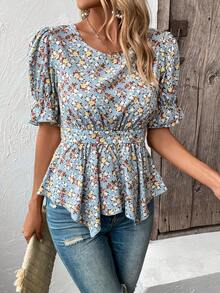 SHEIN LUNE Áo sơ mi nữ Bất đối xứng Xù Viên lá sen Hoa Tất cả trên in Boho - Màu xanh lam - Xem 6