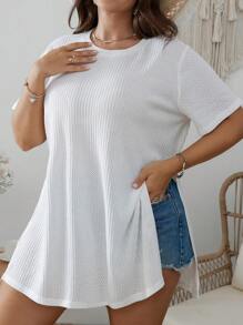 SHEIN LUNE Plus Solid Split Hem Tee - White - View 3