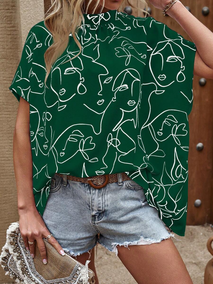SHEIN LUNE Abstract Figure Graphic Batwing Sleeve Blouse - Green - View 1