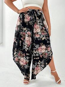 SHEIN Clasi 大碼印花高衩腰帶闊腿褲 - 彩色 - 查看 2
