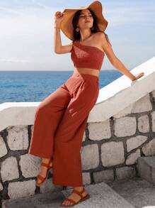 SHEIN VCAY Bộ đồ hai mảnh nữ Nút Túi Dải chun màu trơn Boho - Màu Cam cháy - Xem 6