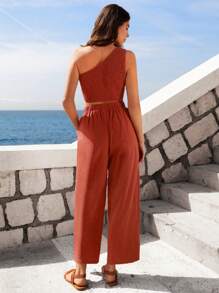 SHEIN VCAY Bộ đồ hai mảnh nữ Nút Túi Dải chun màu trơn Boho - Màu Cam cháy - Xem 2