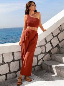 SHEIN VCAY Bộ đồ hai mảnh nữ Nút Túi Dải chun màu trơn Boho - Màu Cam cháy - Xem 3