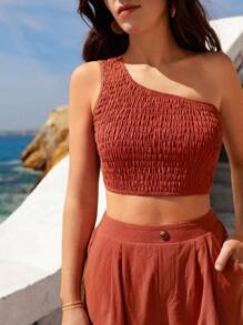 SHEIN VCAY Bộ đồ hai mảnh nữ Nút Túi Dải chun màu trơn Boho - Màu Cam cháy - Xem 4