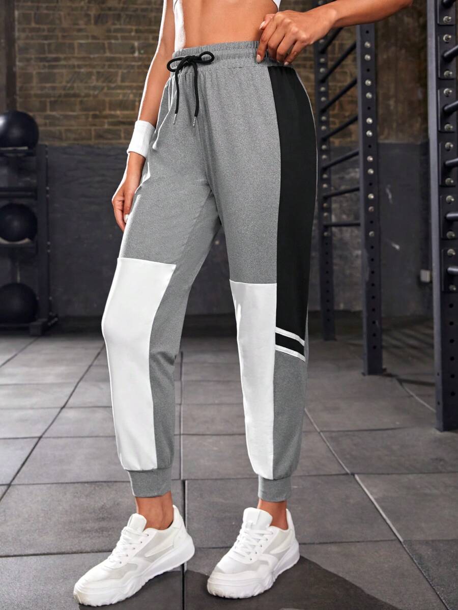 Yoga Futuristic 撞色腰部抽繩運動褲 - 灰色 - 查看 1