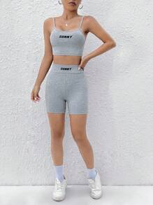 SHEIN PETITE 字母圖案吊帶短上衣和騎行褲 - 淺灰色 - 查看 4