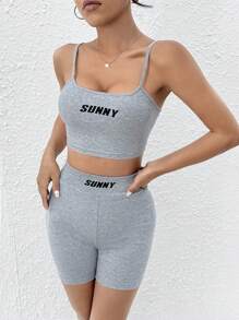 SHEIN PETITE 字母圖案吊帶短上衣和騎行褲 - 淺灰色 - 查看 5