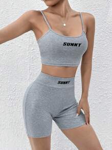 SHEIN PETITE 字母圖案吊帶短上衣和騎行褲 - 淺灰色 - 查看 6