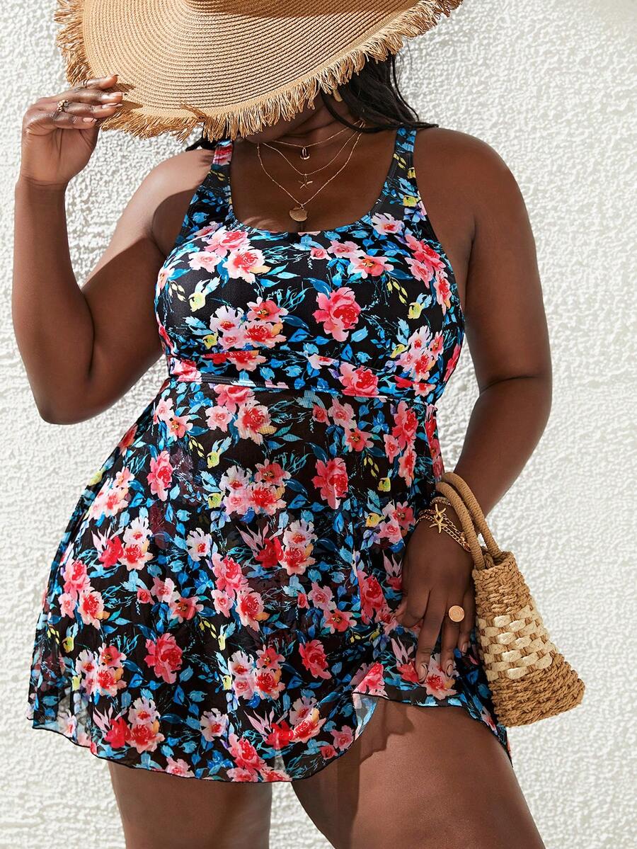 SHEIN Swim Curve 大码花卉印花高腰比基尼夏季海滩 - 彩色 - 查看 1