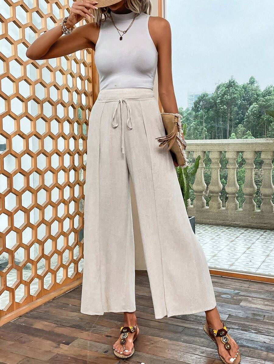 SHEIN LUNE 素色前繫帶闊腿褲 - 米色 - 查看 1