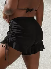 Slaydiva Summer Beach Plus Drawstring Side Ruffle Hem Bikini Bottom - Black - View 2