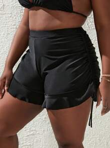 Slaydiva Summer Beach Plus Drawstring Side Ruffle Hem Bikini Bottom - Black - View 3