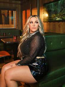 SHEIN áo nữ kích thước lớn Tương phản Mesh cắt màu trơn Gợi cảm - màu đen - Xem 2