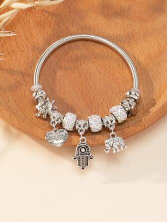 1pc Glamorous Stainless Steel Rhinestone Decor Elephant & Hamsa Hand Charm Bangle For Women For Daily Decoration