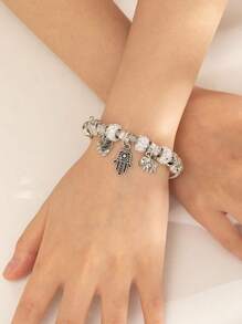 1 Stück Armreif mit Glamourös Edelstahl Strass Dekor, Elefant & Hamsa Hand Anhänger, Für Frauen Für Tägliche Dekoration