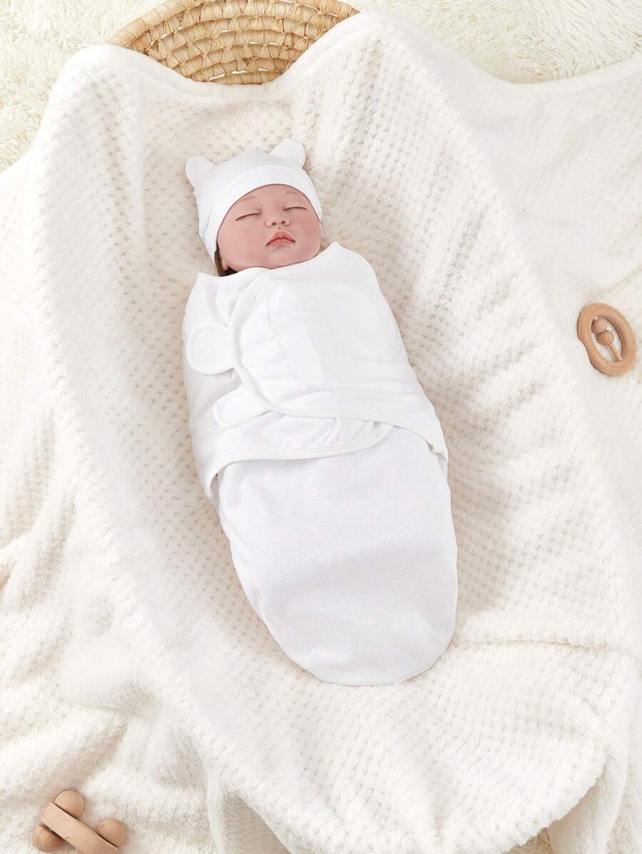 2pcs/Set Unisex Baby White Hats And Swaddle Blankets, Spring/Summer